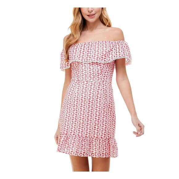CITY STUDIO Womens Eyelet Short Sleeve Off Shoulder Short Party Sheath Dress - Picture 1 of 4